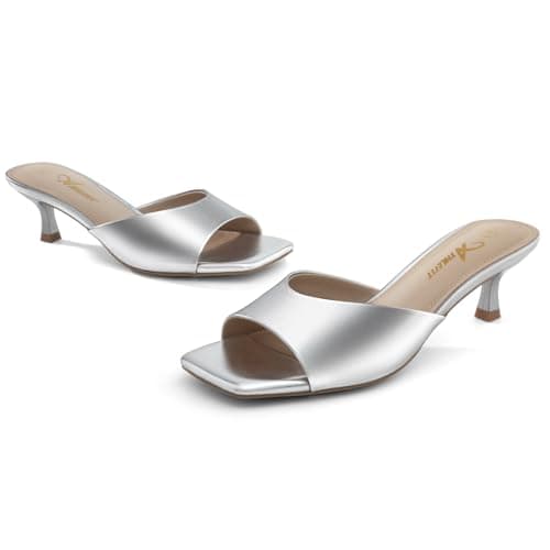 Athlefit Silver Kitten Heels for Women Square Open Toe Heeled Sandals Slip On Dressy Short Low Heels for Prom Size 5.5 - Thumbnail 6