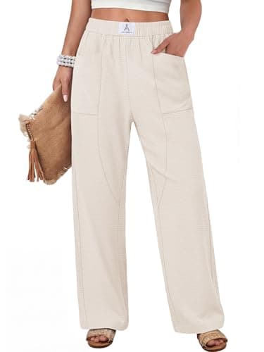ANRABESS Womens Casual Pants 2026 Summer Loose Fit Lounge Pants with Pockets High Waisted Elastic Waist Straight Leg Trousers Beige S - Image 1