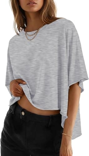 JINKESI Summer Shirts 2026 Womens Oversized T-Shirts Crew Neck Casual Short Sleeve Loose Basic Tee Tops Light Gray-M - Image 1