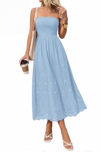 PRETTYGARDEN Womens Summer Dresses 2026 Sexy Sleeveless Tube Top Long Dress Eyelet Cotton Maxi Beach Sundress Pockets(Light Blue,XX-Large) - Image 1