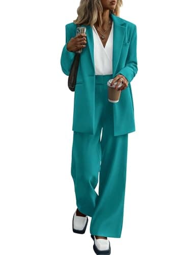 KIRUNDO Women Suits 2 Piece Set Business Casual Dressy Oversized Blazer Jacket and Wide Leg Dress Pantsuits Formal Outfits(Blue Green, Small) - Image 1