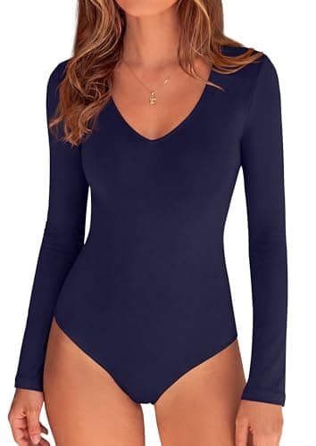 PRETTYGARDEN Bodysuits for Women 2026 Fall Long Sleeve Shirts V Neck Slim Fitted Basic Tees Going Out Tops Fashion Clothing (Navy Blue,XX-Large) - Image 1