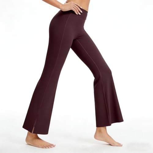 AMLEER Women's High Waist Full-Length Flare Leggings with Side Slit - Tummy Control Butt Lifting Gym Yoga Pants (Brown, X-Large) - Thumbnail 4