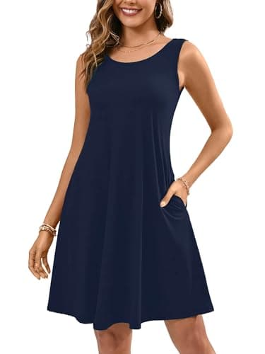 KORSIS Sundress for Women Casual T Shirt Tank Dresses Sleeveless Swing Flowy Ladies Formal Work Summer Dress with Pockets NavyBlue S - Image 1