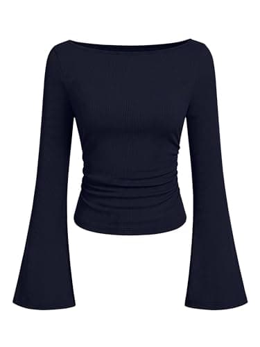 ANRABESS Women Bell Long Sleeve Shirts Boat Neck Top Navy Blue X-Large - Image 1