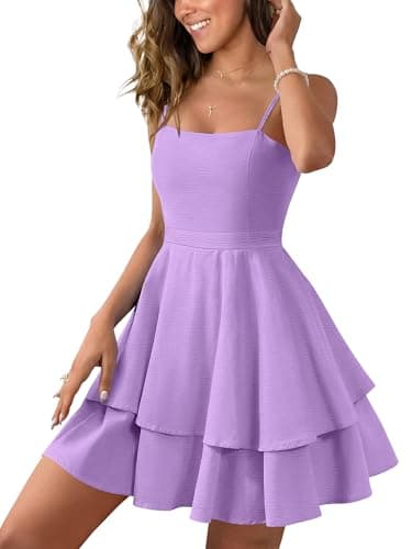 Caracilia Dresses for Women Summer Spaghetti Strap Tiered Cocktail Party Teen HOCO Short Mini Dresses Casual Formal Outfits Light Purple X-Small