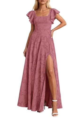 KIRUNDO Cocktail Dresses for Women Elegant Wedding Guest Summer Formal Maxi Lace Floral Slit Prom Party Bridesmaid Dress (Pink, Medium) - Image 1