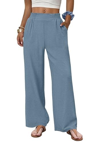 Sampeel Beach Pants for Women Summer 2026 Cruise Resort Wear for Women Casual Wide Leg Palazzo Trousers Lounge Flowy Pants Airport Travel Tropical Vacation Outfits Blue L - Image 1