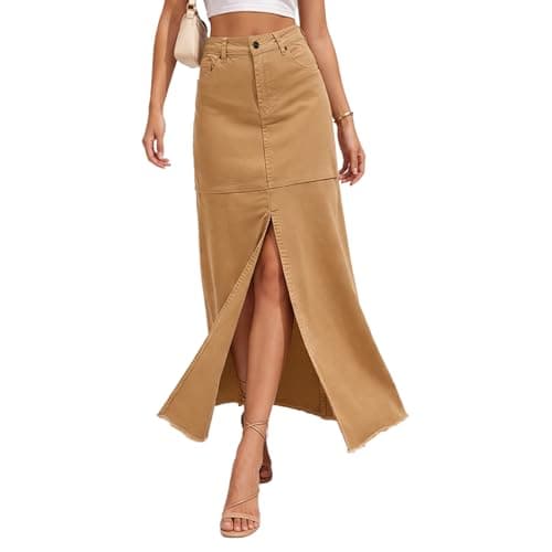 materasu Women Midi Skirt with Pocket Front Slit Casual Straight High Waist Long Skirt Khaki - Image 1