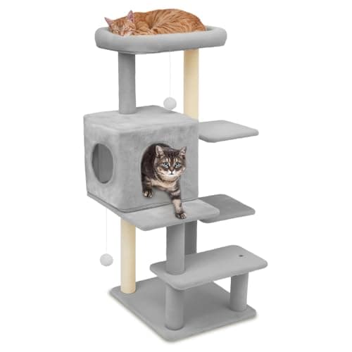 FURFAST 6-Tier Cat Tree Tower, 40 Inch Multi-Level Small Cat Tree for Indoor Cats, Sturdy Cat Tower for Large Cats with Cat Scratching Post, Cat Condo, Plush Toy, Compact Play House (Light Grey)
