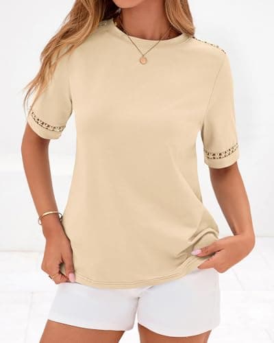 BTFBM Short Sleeve Shirts for Women 2026 Lace Summer Tops Spring Casual Loose Crew Neck T-Shirt Cute Vacation Outfits(Apricot, Small) - Thumbnail 5
