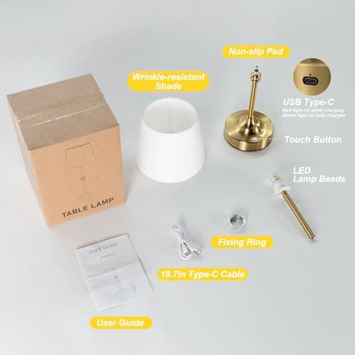 Kakanuo Rechargeable Cordless Table Lamp Gold - 1 Pack Brass 4000mAh Battery Operated Lamp, 3000K Warm Light, Touch Control Stepless Dimming, for Bedside, Dining Table, Home Decor - Thumbnail 5