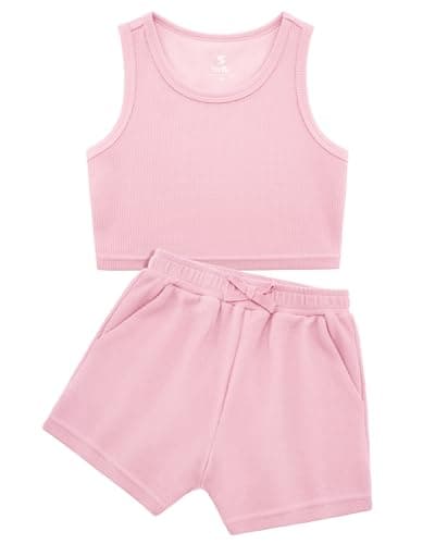 Stelle Girls Athletic Sets, Scoop Neck Ribbed Crop Tops Elastic Waist Shorts With Pockets 2 Piece Outfits, Girls' Short Sets 8-9, Dusty Rose, Medium - Image 1