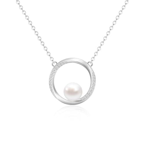 S925 Sterling Silver Mobius Strip Circle Necklace with 7.5mm Small Freshwater Pearl Pendant Great Gift for Her on Birthday Anniversary for women - Image 1