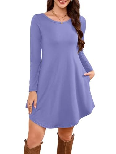 DEARCASE Women's Long Sleeve T Shirt Dress Purple Gray Small Crewneck Knee Length Loose Casual Flowy Swing Tunic Dresses with Pockets