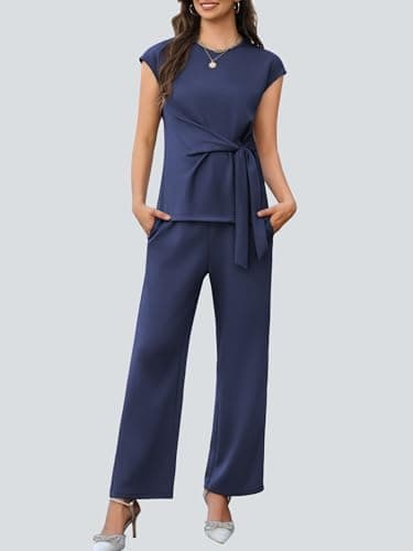 Casly Lamiit Two Piece Sets for Women Summer Airport Travel Outfits Lounge Set Teacher Outfits Cropped Wide Leg Pant Sets Navy Blue XL - Thumbnail 2