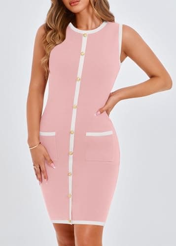 KIRUNDO Women Work Business Casual Dress 2026 Summer Fall Cocktail Semi Formal Office Elegant Classy Knit Color Block Dresses(Pink, X-Large) - Thumbnail 4