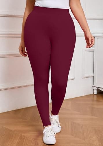 AusLook Plus Size Burgundy Leggings for Women 26 Inch High Waisted Tummy Control 2X Yoga Pants Soft Stretch Workout Lounge Pants - Thumbnail 4
