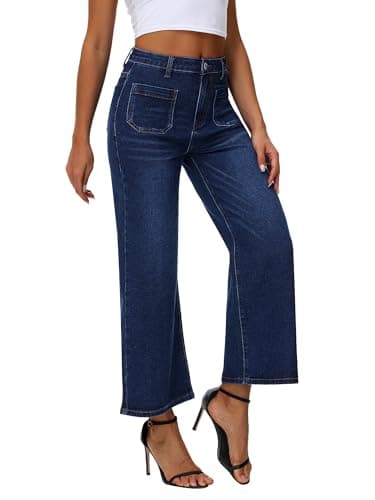 Genleck Women's Wide Leg Jeans – Cropped High Waisted Trendy Front Pockets Jeans Stretchy Capri Baggy Cute Denim Pants 2025 Midnight Blue - Thumbnail 5