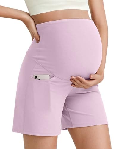 G4Free Maternity Shorts for Women Over Bump with Pockets Pregancy Biker Shorts Workout Athletic Running Short Pants(Pink,L) - Image 1