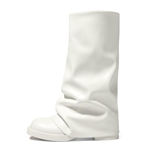 Athlefit Fold Over Mid Calf Boots for Women White Slouchy Square Toe Platform Pull On Fashion Wide Calf Boots for Wedding Party Size 6 - Image 1