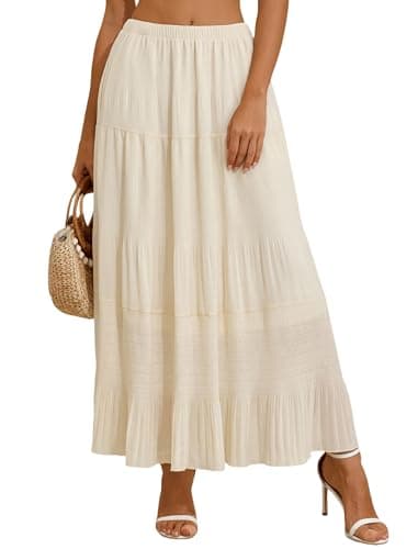 Arolina Women's Maxi Skirts Summer 2026 Elastic High Waist Boho Long Skirt Flowy Tiered A-Line Pleated Ruffle Casual Beach Beige - Image 1