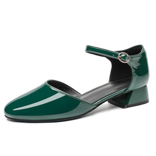 Women's Chunky Block Heel Pumps Comfortable Leather Round Toe Ankle Strap Pumps Dress Office Party Dress Shoes Green Size 5 - Image 1