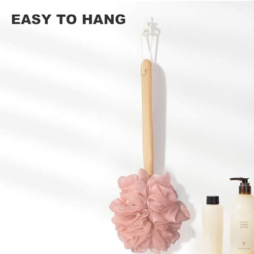 RASDDER Pink Loofah with Handle - Cute Back Scrubber & Exfoliating Shower Sponge, Soft Mesh Luffa on Wooden Stick, Bath Brush for Women and Girls - Thumbnail 6