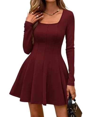 BTFBM Square Neck Dress for Women Casual Spring Long Sleeve Knit Pleated Elegant Classy 2026 Fall Cocktail Mini Dresses(Burgundy, Large) - Image 1