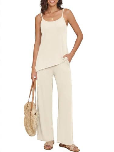 Casly Lamiit Two Piece Sets for Women Summer Sets Spaghetti Strap Wide Leg Pants Sets Travel Outfits Beige M - Image 1