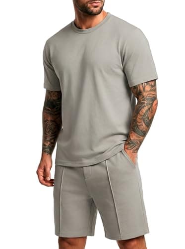 PrinStory Mens Short Sleeve Outfits 2 Piece Trackuits Summer Casual Shirt and Shorts Set with Pockets Light Gray-M - Image 1