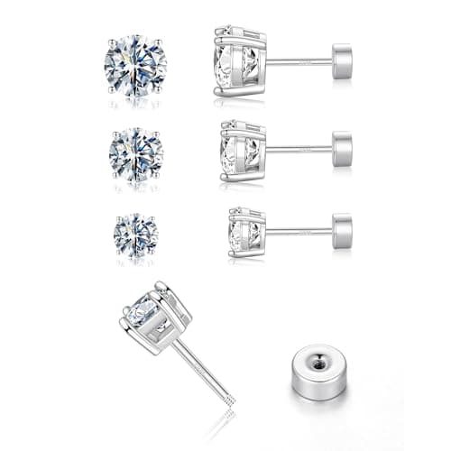 IEFWELL 3 Pairs Moissanite Earrings Studs, Flat Back Earrings for Women Men Hypoallergenic Earring Set Cartilage Helix Piercing Jewelry Trendy Gifts D-E Color VVS1 - Image 1