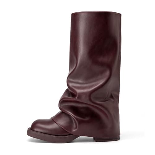 Athlefit Women's Fold Over Mid Calf Boots Slouchy Platform Low Heel Square Toe Slip On Wide Calf Burgundy Boots for Club Date Night Size 7.5 - Image 1