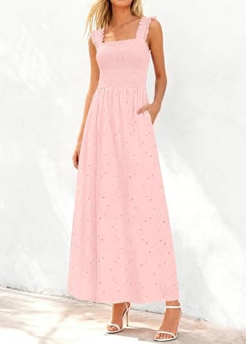 KIRUNDO Summer Lace Dress Vacation Outfits for Women 2026 Wedding Guest Dresses Maxi Beach Boho Sleeveless Cotton Sundress (Pink, Small) - Thumbnail 4
