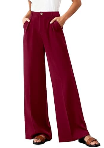 BTFBM Wide Leg Pants Woman 2026 High Waisted Button Business Casual Dressy Trousers Office Work Palazzo Pants Pockets(Burgundy, XX-Large) - Image 1