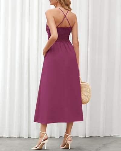 BTFBM Women 2026 Spaghetti Strap Midi Summer Dresses Sleeveless V Neck Cutout Slit Casual Beach Party Maxi Dress Pockets(Purple, Small) - Thumbnail 5