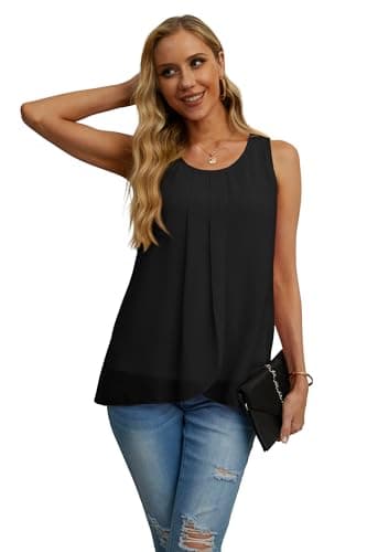 IWOLLENCE Chiffon Blouses for Women Double Layers Blouse Loose Round Neck Casual Loose Tank Tops Black X-Large - Thumbnail 4