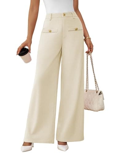 Pink Queen Black Womens Dress Pants Fall Winter High Waist Wide Leg Palazzo Pants for Women Floor Length Straight Leg Slacks Ladies Dressy Business Casual Slacks with Pockets and Belt Loops Beige M - Image 1