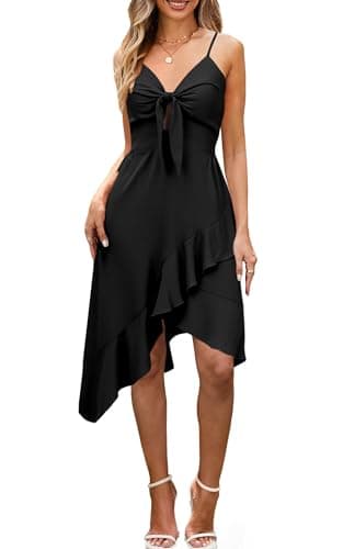 ECOWISH Polka Dot Women Summer Dress Midi A Line Ruffle High Low Sleeveless Boho Floral Halterneck Cocktail Tie Knot Sundress 91Black Medium - Image 1