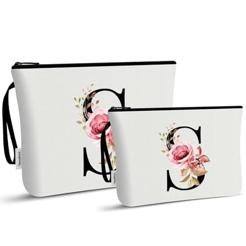 Vavabox A-Z Personalized Makeup Bag, Birthday Gifts for Women Mom, Gifts for Best Friend, Bride Bridesmaid Cosmetic bag (S, 03-White Set) - Image 1