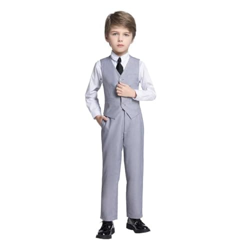 Fersumm Boys Formal Suit Slim Fit 4 Pieces Vest Pants Shirt and Tie Gray Suits for Boys Communion Dinner Dress Clothes Size 12 - Image 1