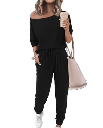 Zenlonr Women Summer 2 Piece Outfits 2026 Off Shoulder Short Sleeve Tops Elastic Waist Drawstring Long Pants Tracksuit(Black,X-Large) - Image 1
