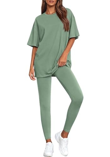 BTFBM Two Piece Lounge Set Women 2026 Spring Casual Oversized Shirts Leggings Matching Workout Airport Travel Outfits(Sage Green, X-Large) - Image 1