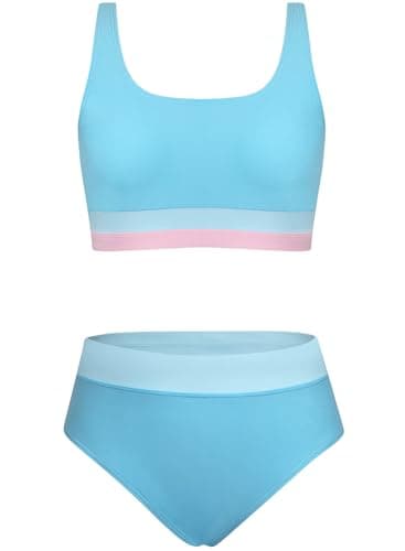Alakuoti Girls Swimsuit Color Block Adjustable Straps Bikini Sets Teen Girl Two Piece Bathing Suits with Chest Pad Size 14 Light Blue - Image 1