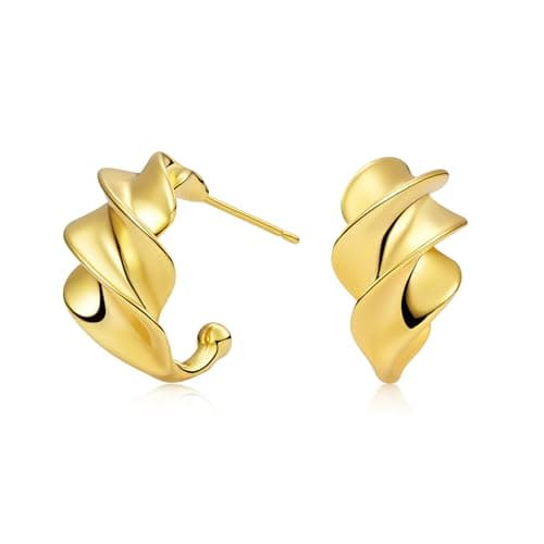 EYESHOCK Small Half Huggie Hoop Earrings for Women, Chunky Style 18K Gold Plated 925 Sterling Silver Post, Hypoallergenic Lightweight Twisted Honeycomb Texture Hoops - Image 1