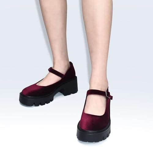 Elvora Women's Mary Jane Shoes - Platform Mary Janes for Women, Burgundy Velvet Round Toe Chunky Dress Shoes with Adjustable Ankle Strap - Thumbnail 2