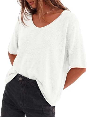 BTFBM Sweaters for Women 2026 Summer Oversized Half Short Sleeve Knitted Pullover V Neck‌ Casual Loose Fit Spring Tops(White, X-Large) - Thumbnail 5