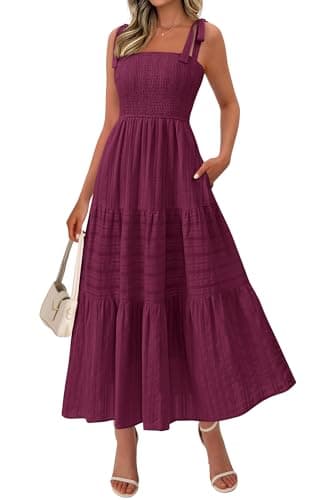BTFBM Women's 2026 Spring Boho Spaghetti Strap Dress Casual Sleeveless Smocked A Line Beach Sundress Long Maxi Dresses(Burgundy, Medium) - Image 1