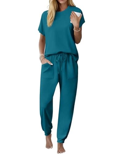 Ekouaer Womens Pajama Sets Short Sleeve Pj Top With Jogger Pants Cotton Pajamas 2 Piece Lounge Set with Pocket Blue Green 2XL - Image 1