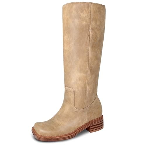LeunDen Beige Banana Knee-High Boots for Women, Tall Riding Boots with Square Toe Low Chunky Heel Faux Leather Pull-On Campus Long Boots Size 7 - Image 1